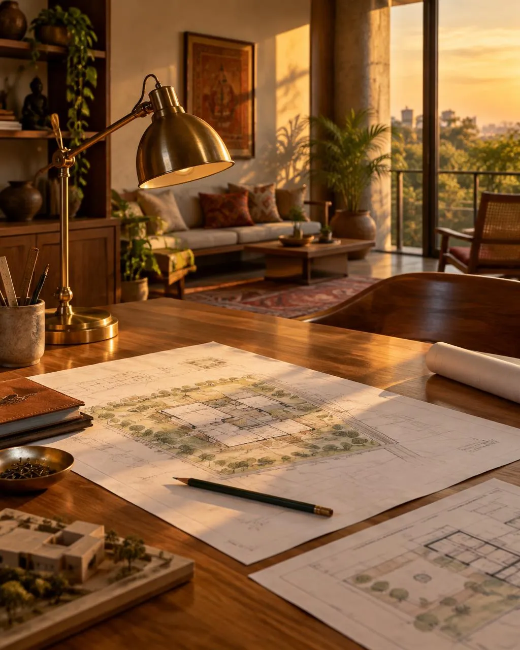 Architect's desk with site plans in a warm, modern living room