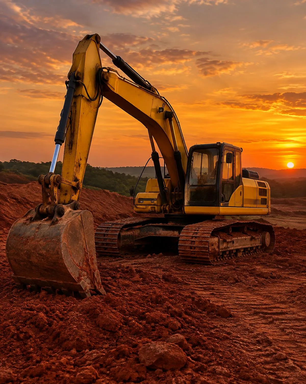 Excavator on a red-earth site at dusk