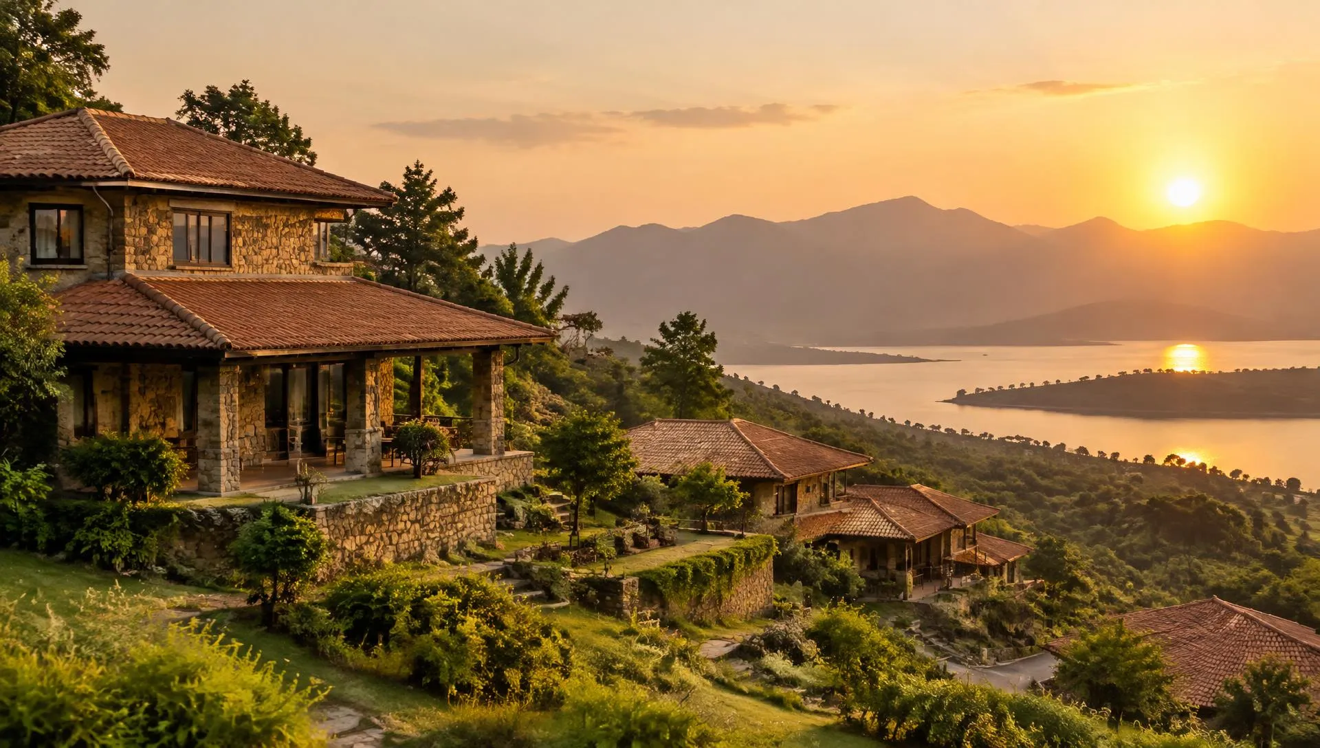 Stone homes with tiled roofs on a green hillside above a lake at golden hour