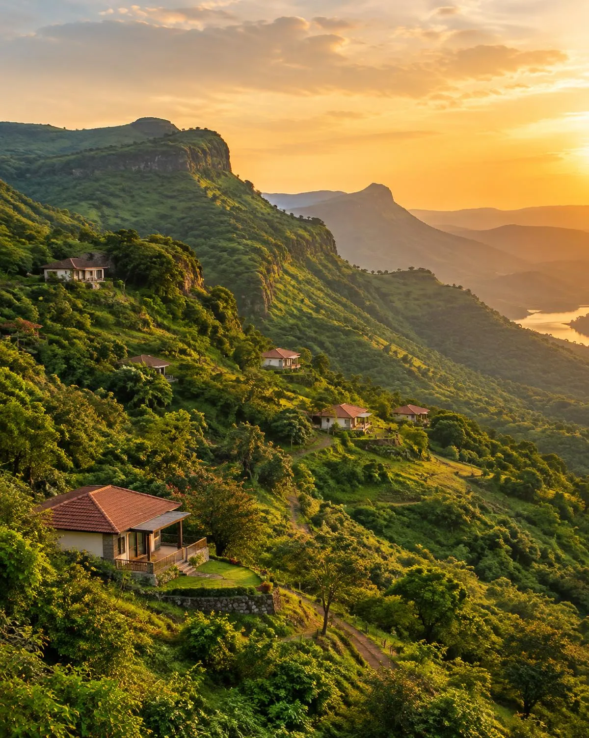 Green Sahyadri hills with a scattering of villas